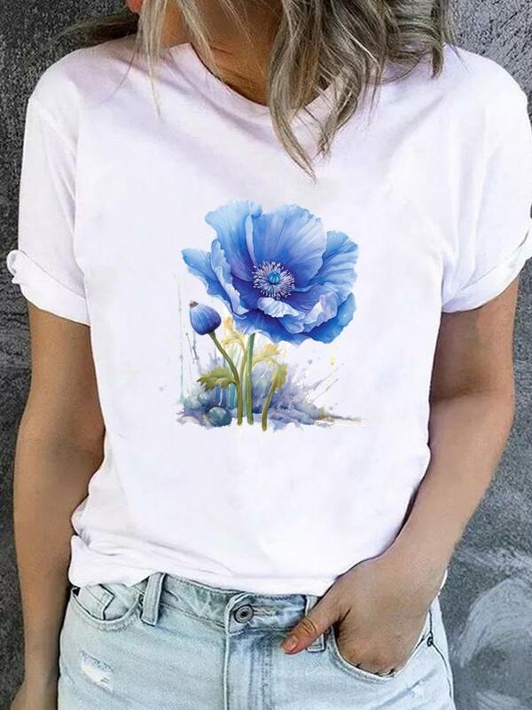 T-shirt à manches courtes pour femmes, T-shirt imprimé floral, Vêtements basiques, Tee Top, Tendance des années 90, Mignon, Doux, Mode féminine