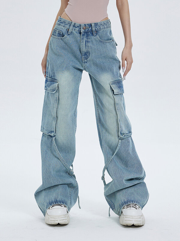 Washed Multi-pocket Wide-leg Jeans Women American Retro Fashion Street Overalls Harajuku Y2k Casual Floor-length Pants