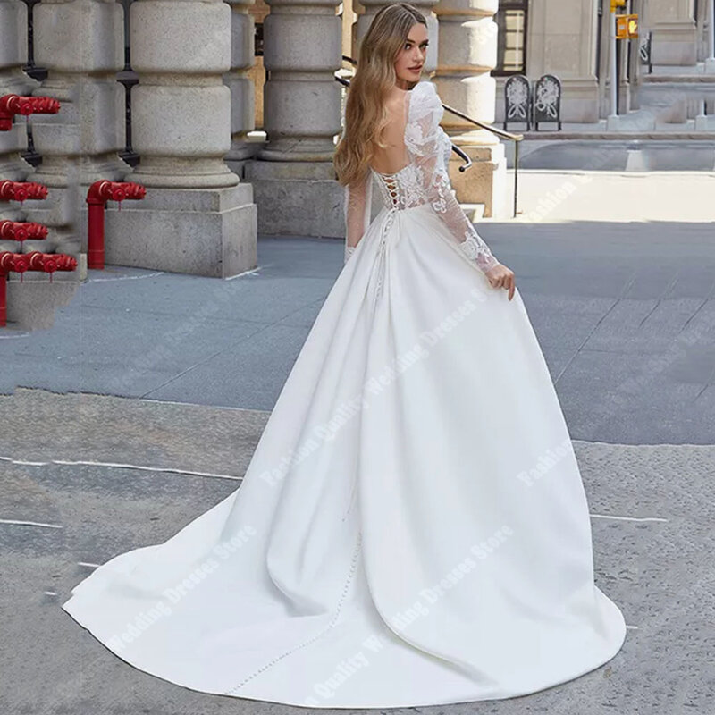 Vestidos de novia con apliques de encaje blanco para mujer, túnicas de tela lisa para la Iglesia, 2024
