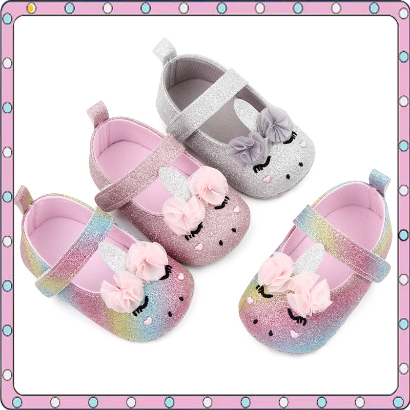 Zapatos de unicornio de dibujos animados para bebé, zapatos de vestir de princesa brillante con flores, suela suave para recién nacido, andador, Mary Jane infantil