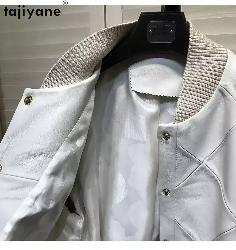 Tajiyane-jaqueta feminina de pele de carneiro genuína, casaco de beisebol casual curto, jaqueta de couro real, novo, 2023