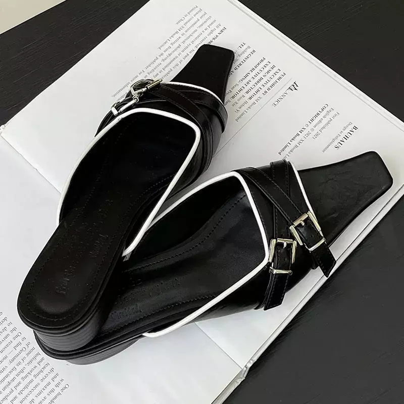Сланцы женские на низком каблуке, туфли с металлической пряжкой, круглый каблук, летняя обувь, 2024