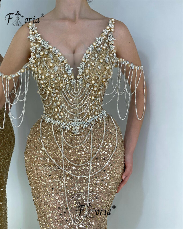 Luxury Beading Tassel Prom Dresses For Women 2023 Gold Rhinestone Crystal Evening Party Dress Celebrity Ceremony Pearls Vestidos