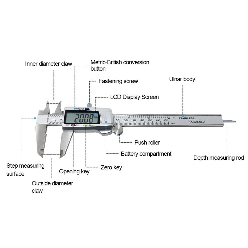 Stainless Steel Digital Vernier Caliper, Micrômetro Medição Tool, Profundidade Régua, Messschieber, Paquimetro, 6 ", 150mm