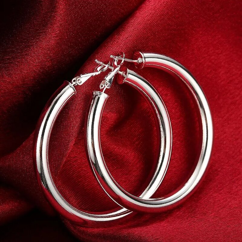 925 prata grande hoop brincos feminino grande círculo redondo brinco 5mm hoop brincos para as mulheres na moda jóias brincos presentes