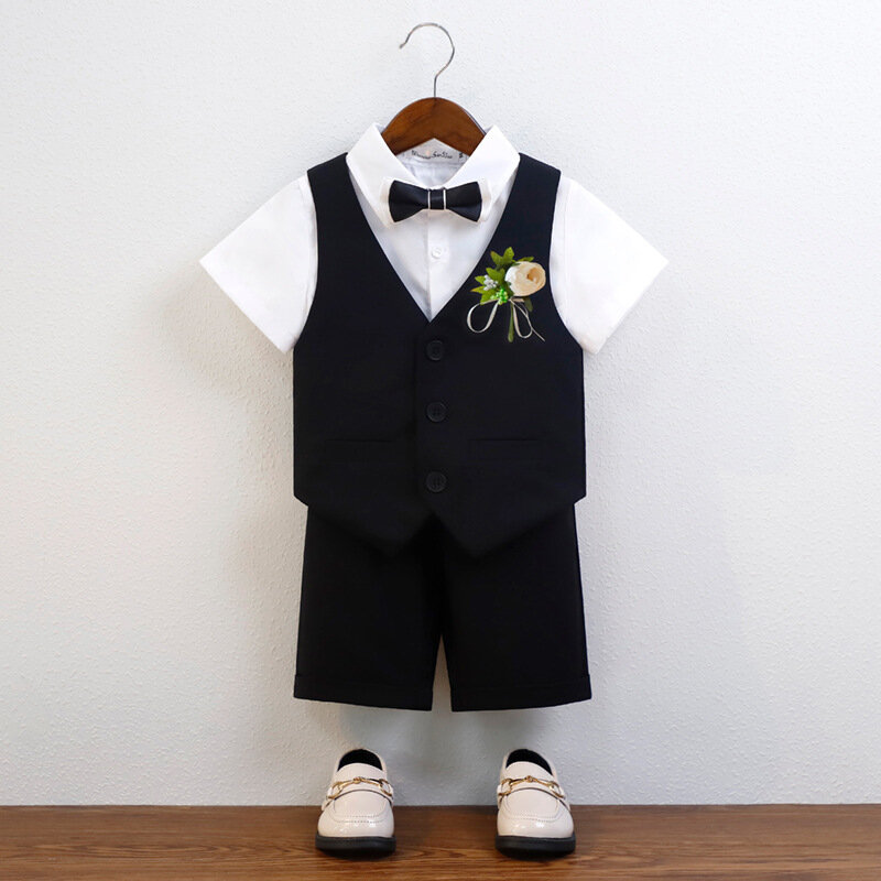 Kinder coole Weste Hemd Shorts Fliege Zeremonie Kostüm Jungen Slim Fit Hochzeits kleid Kinder Sommer atmungsaktive Fotografie Anzug