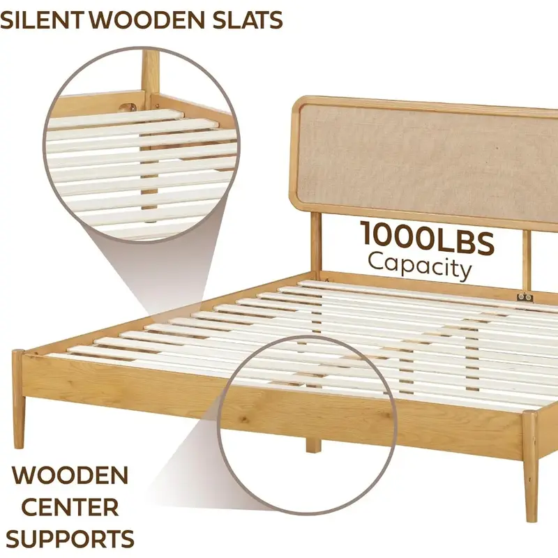 Moldura sólida cama de carvalho com cabeceira, slats silenciosos e suporte central de madeira