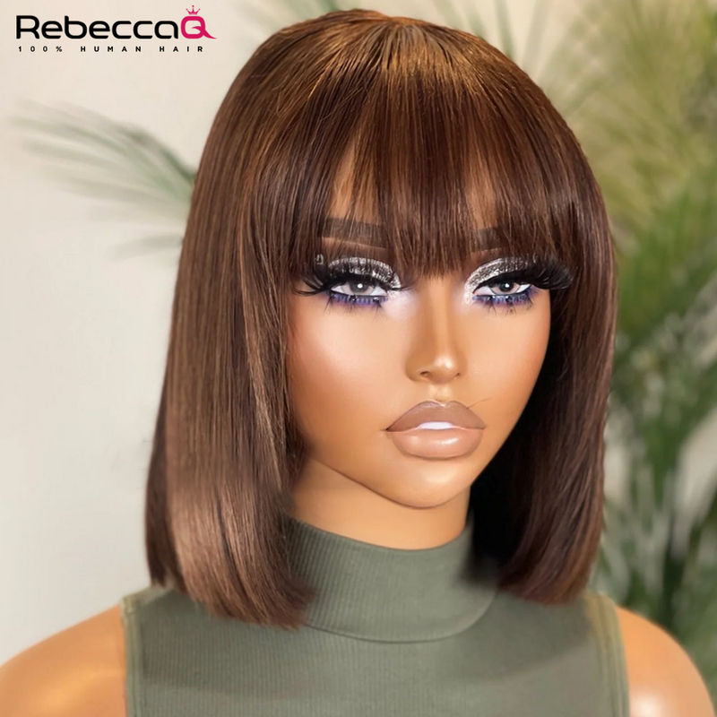 Brown Short Straight Human Hair Bob Wigs with Bangs Remy Full Machine Made Wig for Women Brown Colored Wear to go BOB Wig