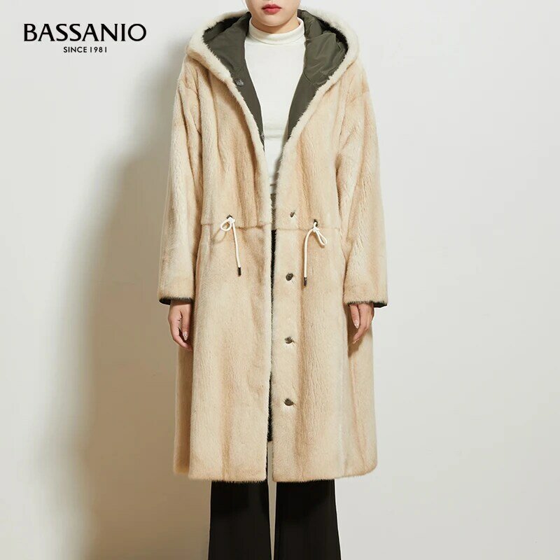 New Long Women Winter Warm Mink Fur Coat Reversible Hooded Outwear