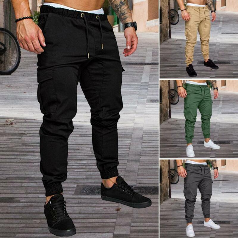 Elastic Waist Pants Men's Cargo Pants with Ankle-banded Design Multiple Pockets Elastic Waist Solid Color Sweatpants for Gym