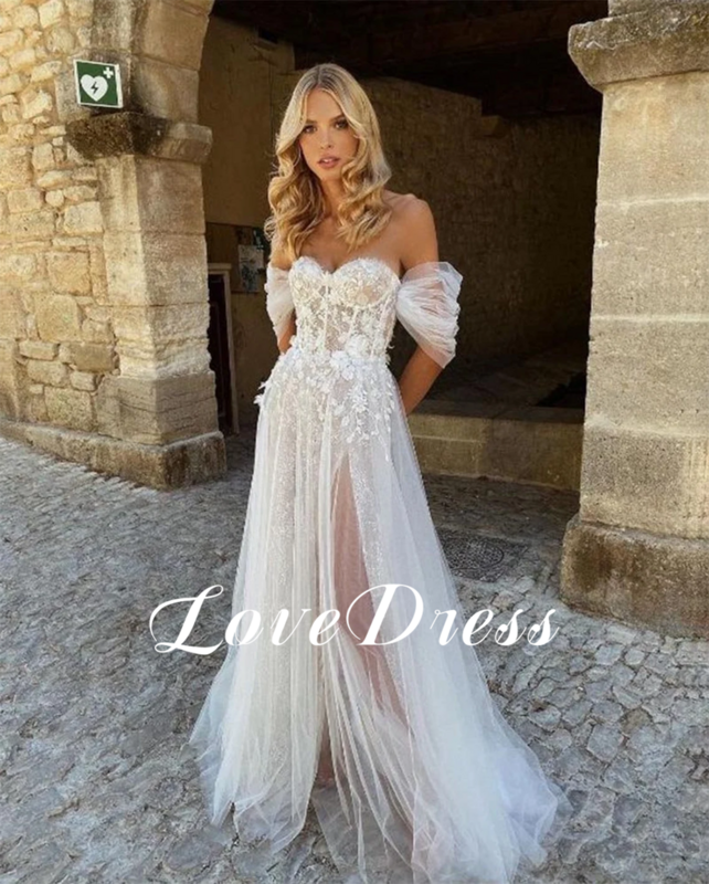 LoveDress-vestidos de novia de tul con hombros descubiertos, traje de novia de línea a con escote corazón moderno, mangas plisadas, ilusión de verano