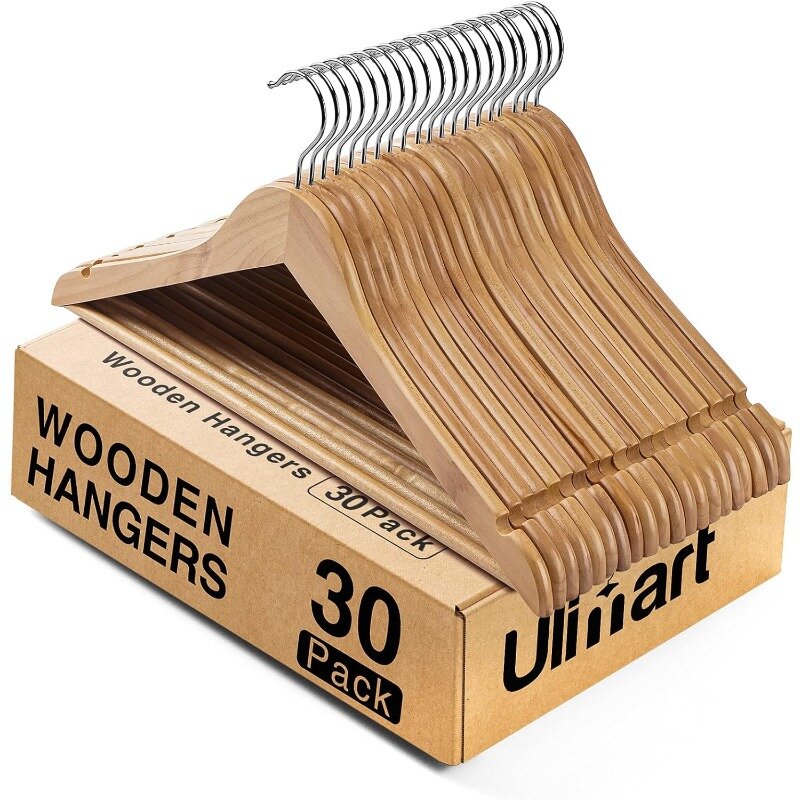 Ulimart Wooden Hangers 30 Pack Wood Clothes Hangers with Bar Coat Hangers for Closet