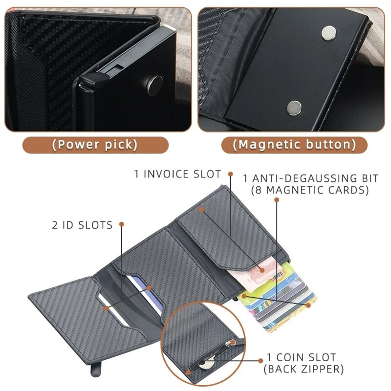 맞춤형 조각 탄소 섬유 RFID 차단 남성용 신용 카드 홀더 가죽 지갑, 비즈니스 ID 은행 카드 홀더 지갑, 동전 주머니