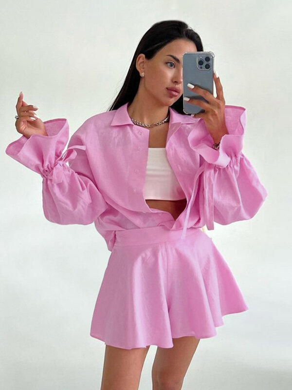 Marthaqiqi Blue Home Clothes Women Turn-Down Collar Sleepwear Long Sleeve Pajamas Shorts Casual Pink Women Nightwear 2 Piece Set