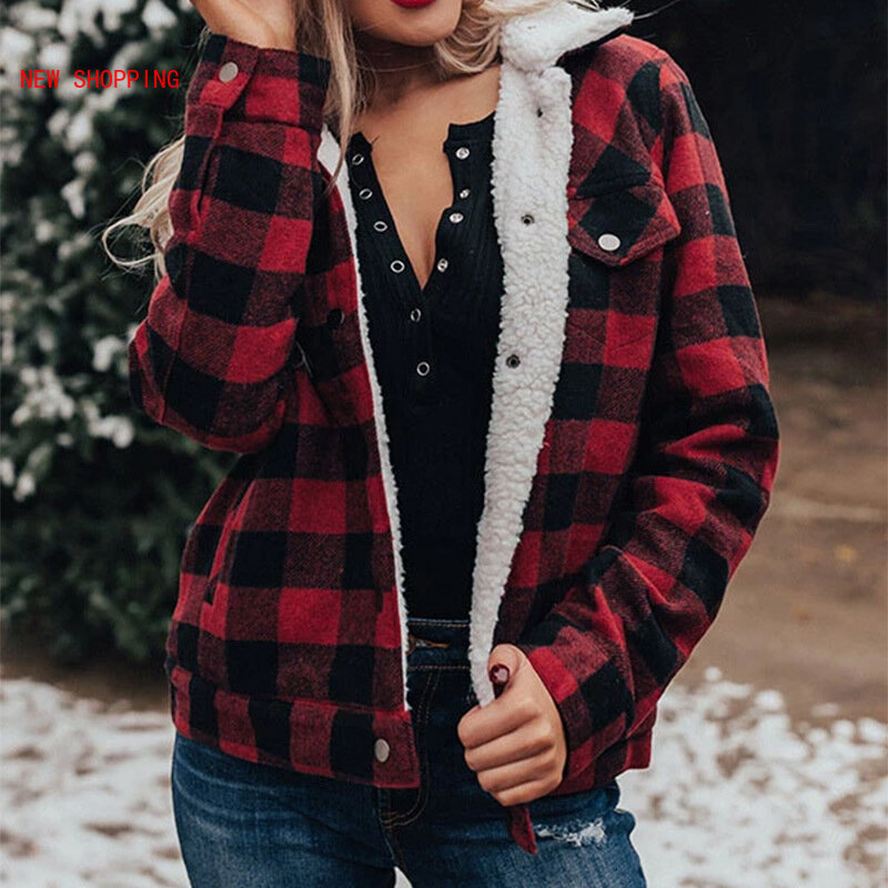 New Winter Plaid Thick Warm Jacket Parkas Women Lambswool Cotton Padded Coat Female 2021 Autumn Fashion Ladies Casual Coats Red