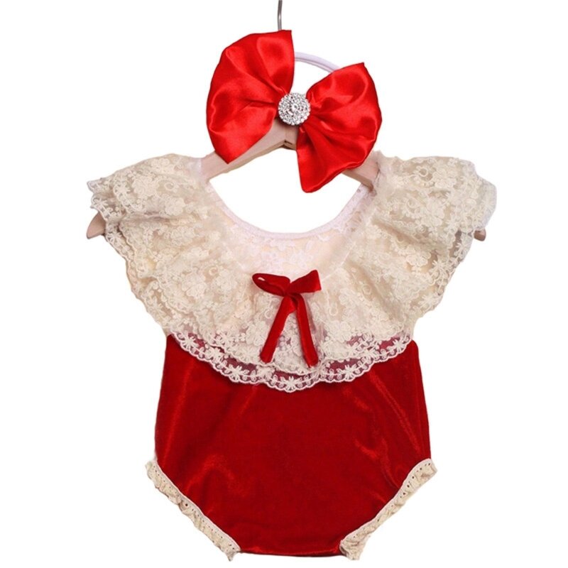 Newborn Photoshoot Props Outfit Bow Headband Romper Baby Christmas Photo Costume X90C