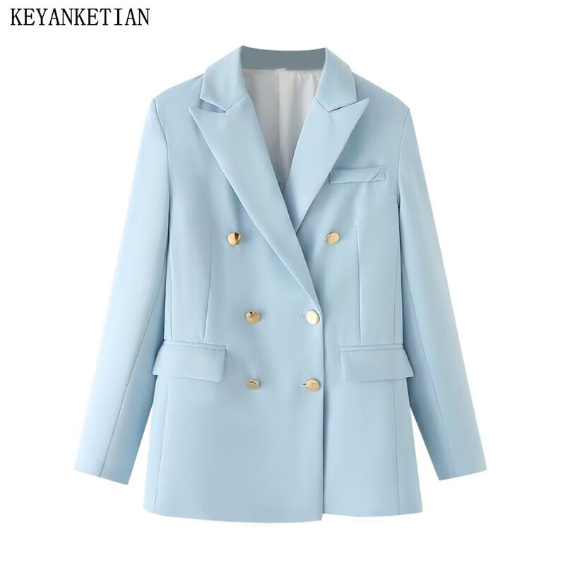 KEYANKETIAN 2024 New Launch Women's Sky Blue Casual Suit Spring Double Breasted Flap Pockets Seam Detail  Office Lady Outerwear