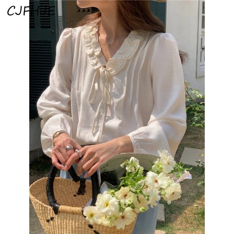 CJFHJE-Camisa feminina de chiffon com decote em v, top francês de madeira doce, com renda, manga comprida, versão coreana, primavera