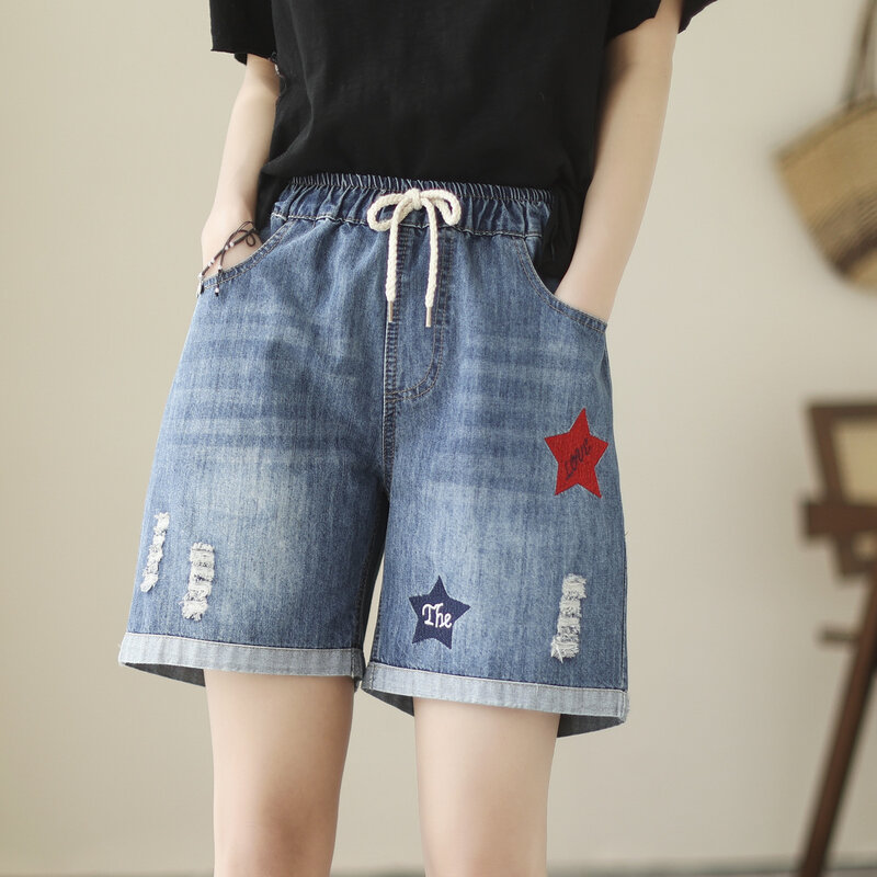 Aricaca Women M-XL Casual Star Embroidered Denim Pants Female Vintage Loose Ripped Shorts