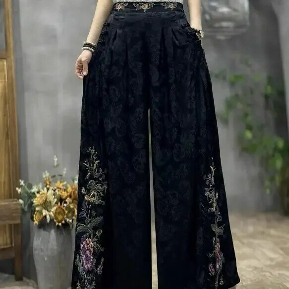 2024 chinese vintage folk pants satin jacquard trousers women national flower embroidery ethnic elastic waist wide leg trousers