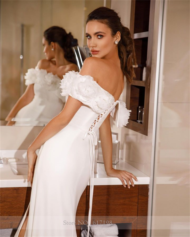 Boat Collat Satin Pleated Wedding Dress for Bridal Sheath Side Slit Court Lace up Wedding Party Gowns vestido de noiva