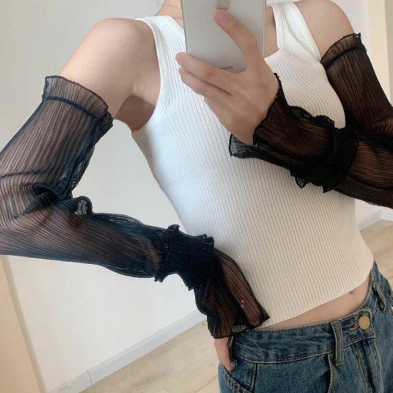 Lovely Long UV Protection Lotus Leaf Net Yarn Mesh Sun Protection Lace Gloves Women Arm Sleeves Lace Long Sleeves Korean Style