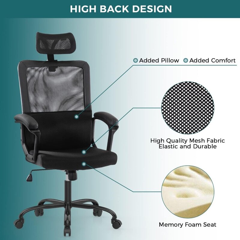 SMUG 인체공학적 메쉬 홈 오피스 컴퓨터 의자, 요추 지지대, 조절 가능한 머리 받침대, 팔걸이 및 바퀴, 메쉬