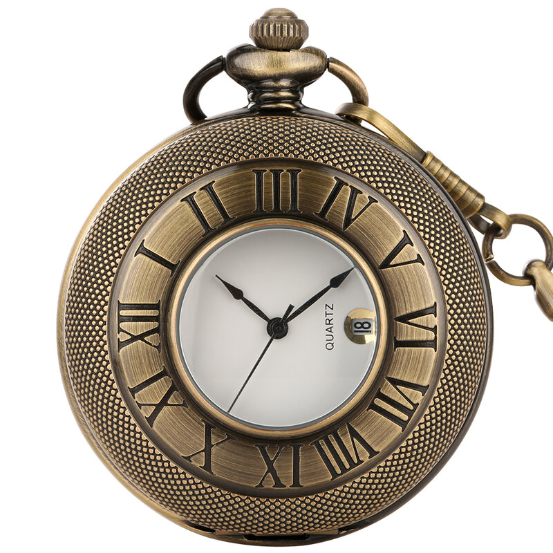 Tanggal jam saku minimalis angka Romawi kuarsa jam tangan saku dengan kalender hitam/emas/perak/perunggu jam liontin pasangan