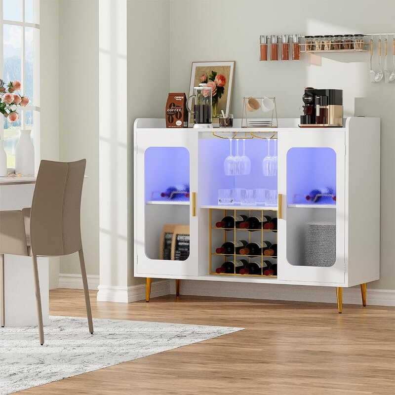 Hyomdeck-Cabinet Bar com Luz LED, Power Outlet e Luz LED, Wine Bar Cabinet com Wine e Copos Rack, Home Coffee Bar e Cabine