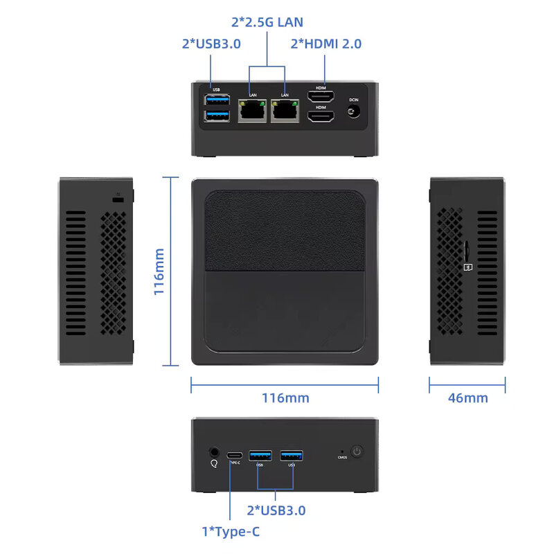 ZXIPC-Computador de Jogos Desktop, Intel N100, Dual Band WiFi5, BT 4.2, 16GB, 512GB, HDMI, DP, Dual LAN, PC Gamer