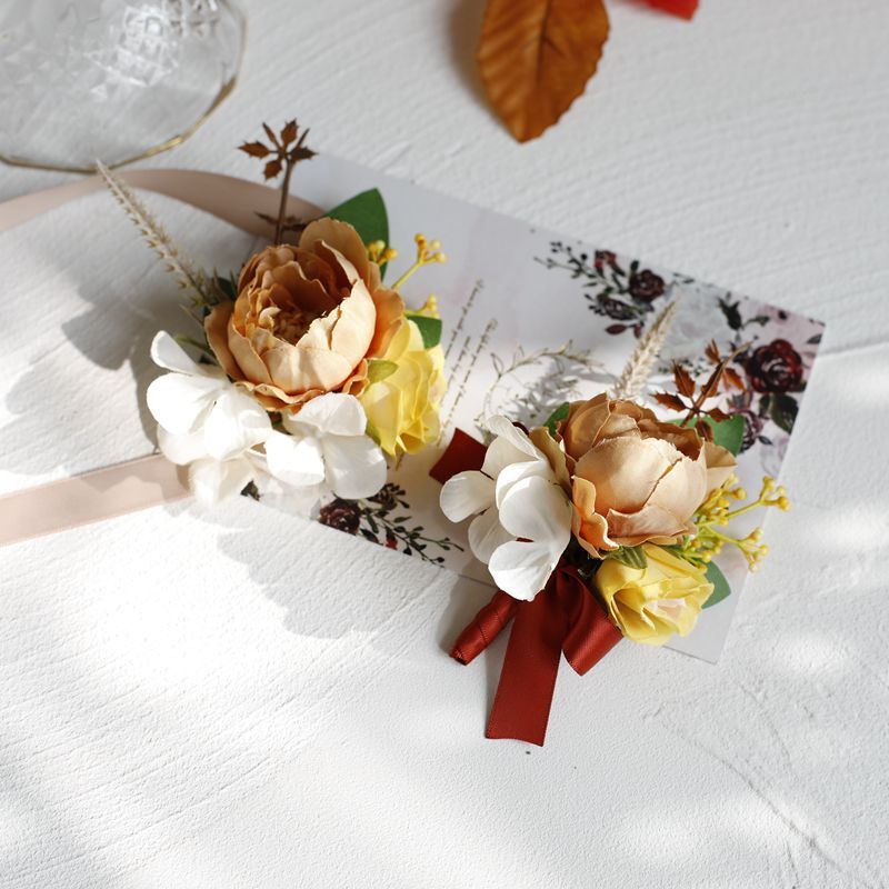 Ramillete de muñeca de seda para novia, pulsera de rosas artificiales para padrino de boda, decoración de fiesta de baile
