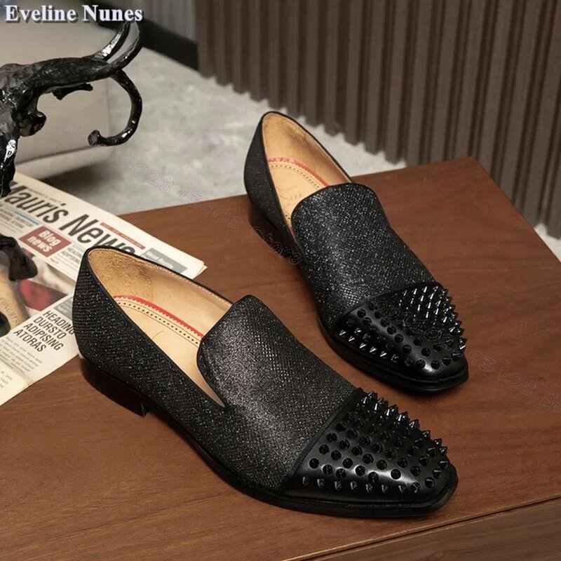 Sapatos de decoração de rebites pretos masculinos, deslizamento confortável em mocassins, sapatos de primavera, tamanho grande, 38-48