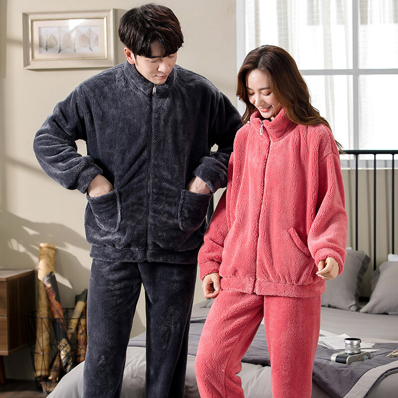 Amantes ternos de inverno com zíper cardigan casal pijamas de flanela pijamas masculinos lã coral manga longa pijamas senhoras casual pijamas