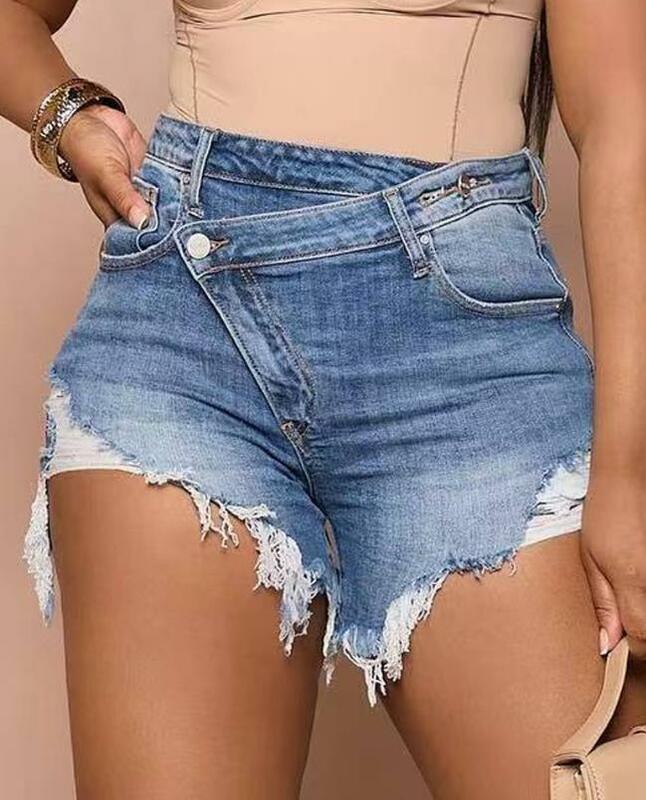 Celana pendek musim panas 2024 celana pendek Denim wanita desain saku robek kancing elegan pinggang tinggi seksi celana pendek kasual wanita