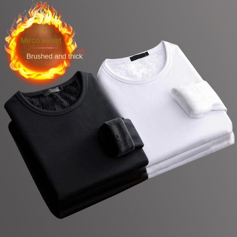 2pcs Men's Thermal Underwear Warm Plus Velvet Thickened Slim O-neck T-shirt Winter Cold-proof Warm Bottoming Shirt Inner Top 5XL
