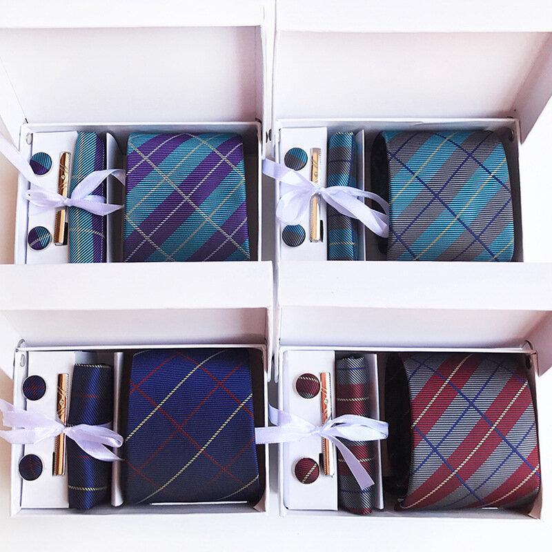 High-quality 8cm Business Ties For Men Handkerchief Cufflink Set Tie Clips Black Necktie Wedding Gift Box Gravatas Accessories