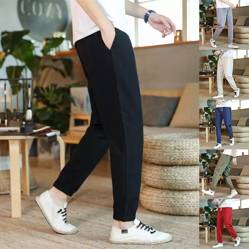 Pantalones bombachos de lino de estilo coreano, pantalón informal holgado de nueve puntos para verano