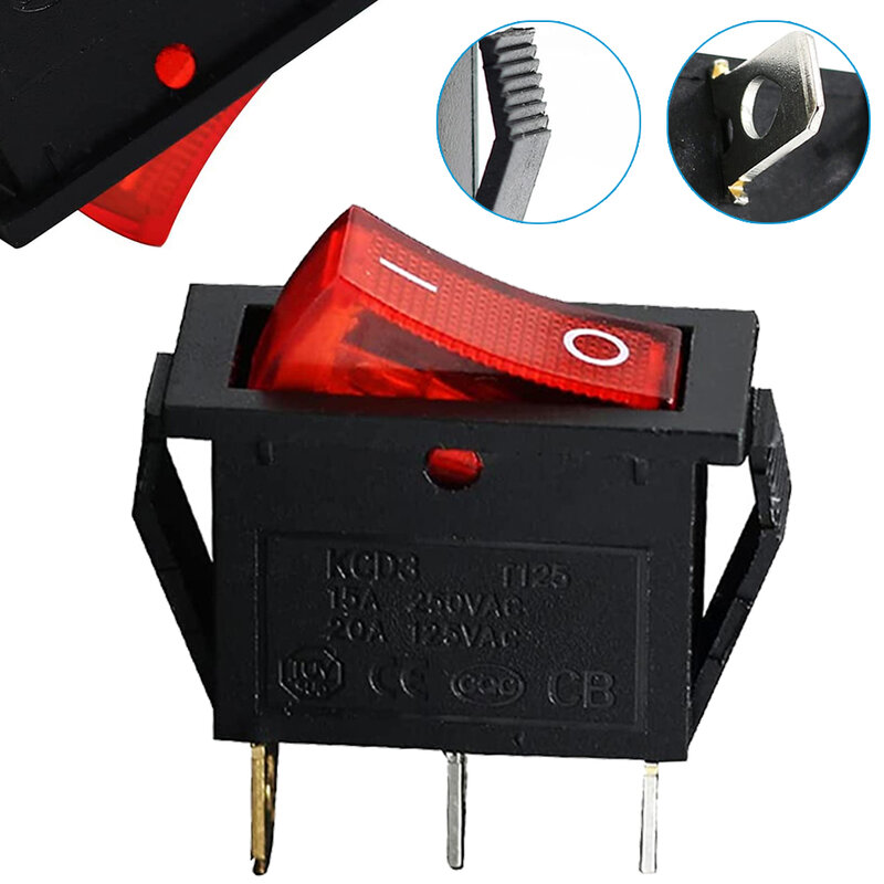 KCD3 interruptor basculante de plástico y Metal, botón rojo de encendido y apagado, 3 pines, DPST, 15A20A, 250V, 125vac, 31x14x32mm, electrodomésticos