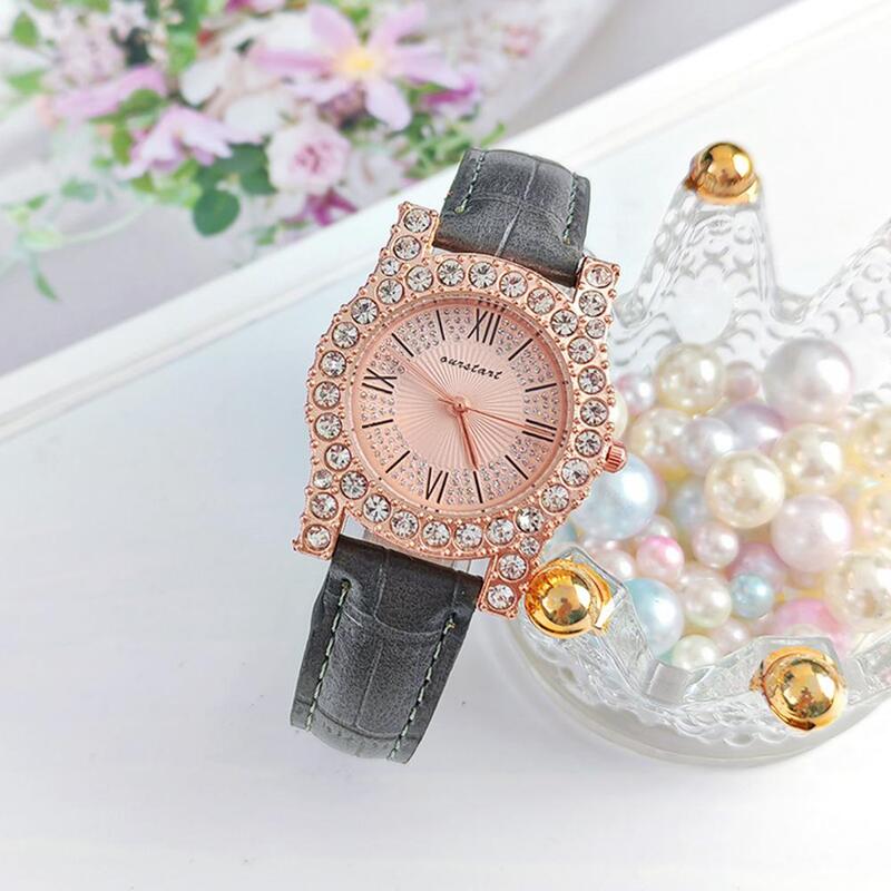 Relógio quartzo feminino elegante com mostrador estilo strass, pulseira de couro falso ajustável, alta para os negócios, elegante