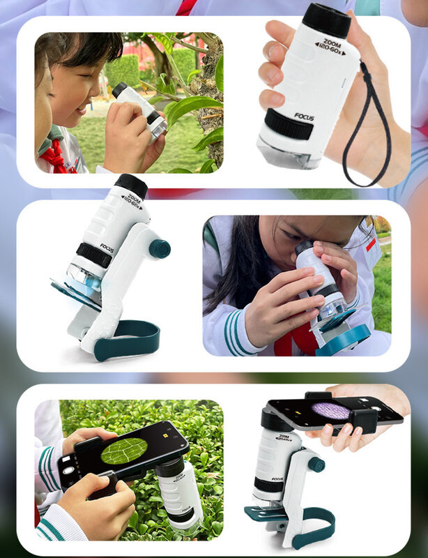 Mikroskop Anak Portabel Mainan Pendidikan Biologi untuk Anak Rumah Sekolah Kit Ilmu Pengetahuan LED Cahaya 60X-120X Batang Hadiah Kaca Pembesar