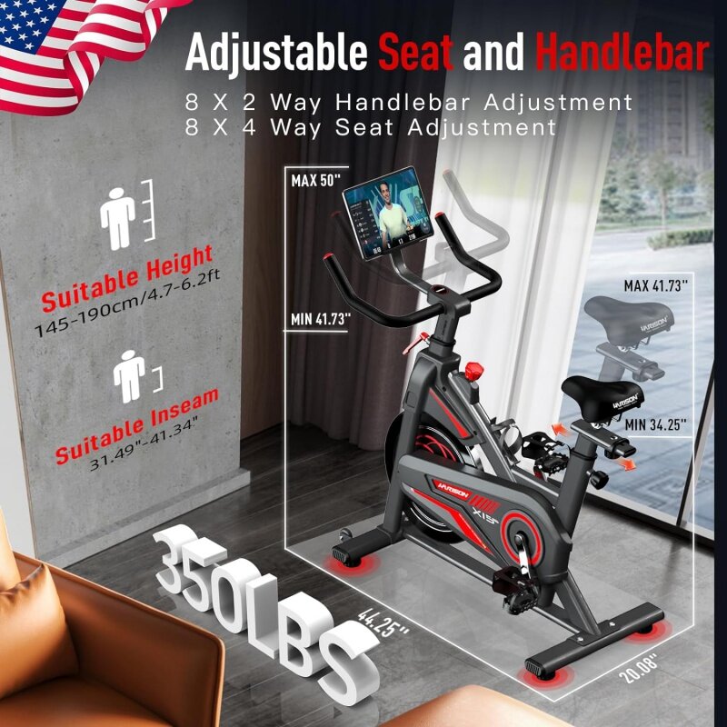HARISON-Bicicleta de ejercicio magnética con Bluetooth, bicicletas estacionarias para el hogar con soporte para iPad y cojín de asiento cómodo, 350lbs