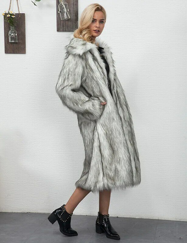 Mantel bulu palsu lengan panjang wanita, mantel hangat lembut hangat Slim Fit musim gugur dan dingin