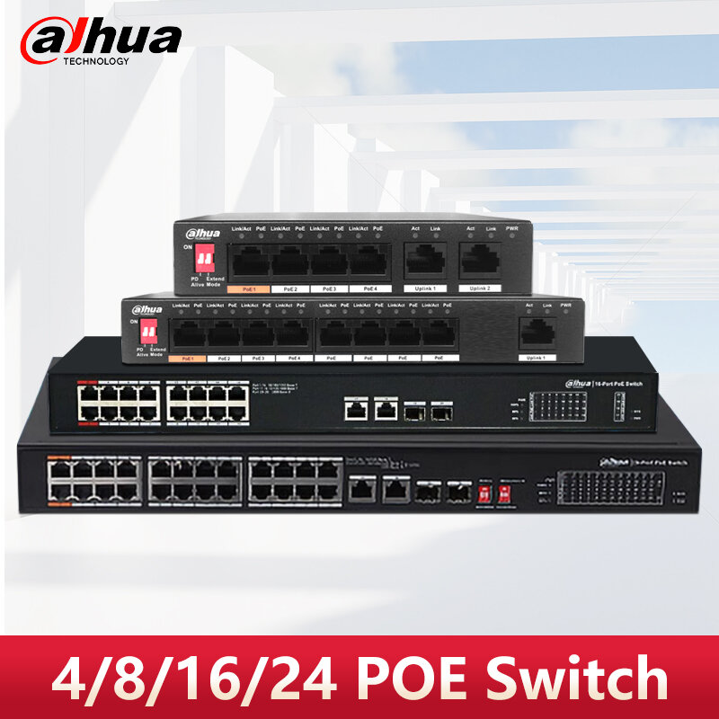Switch POE Dahua 4/8/16/24 porte Switch Ethernet 100/1000 Mbps RJ45 per telecamera IP di rete S1500C-4ET2ET-DPWR S3000C-8GT2GT-DPWR