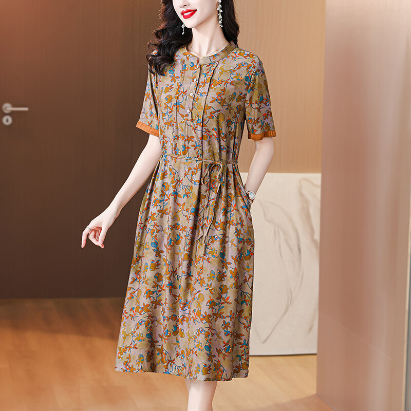 2024 Summer New Silk Satin Retro Printed Short sleeved Dress O-Neck Loose Large Waist Belt Waist and Knee Length Skirt