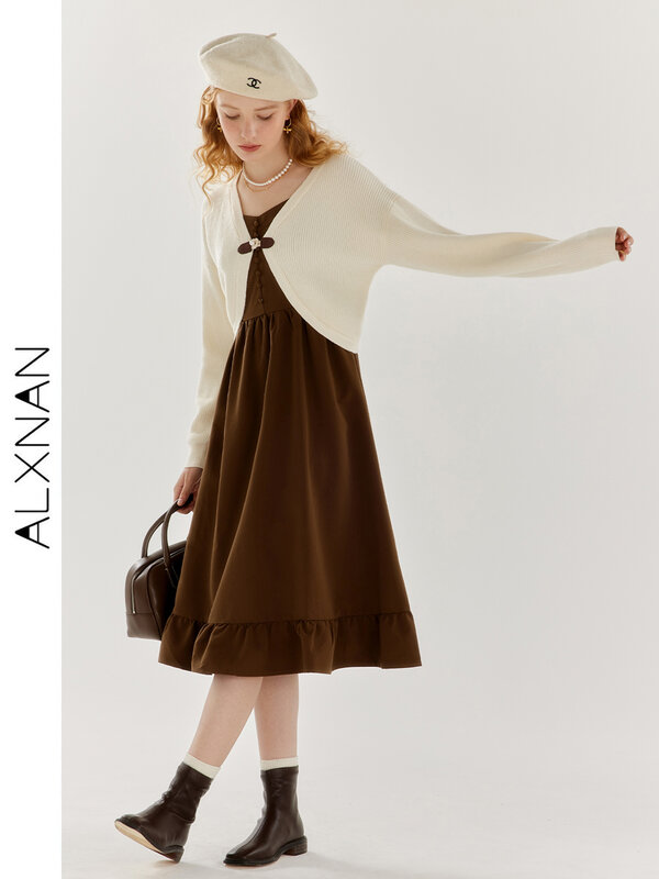ALXNAN French Design Short Knitted Cardigan Temperament Suspender Dress 2-Pisce Suit Women's Casual Outfit Sold Separate TM00805