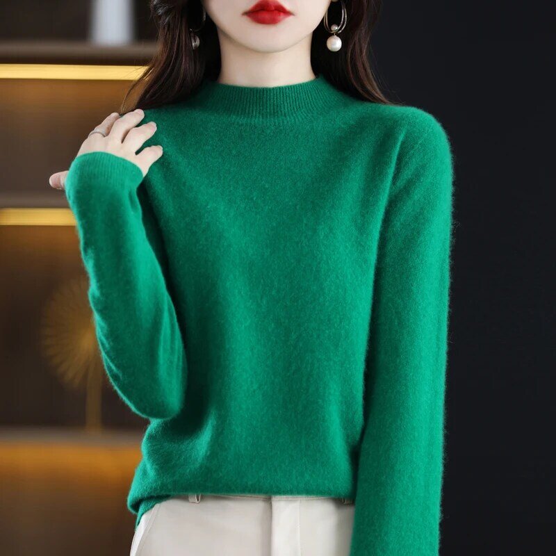 Женская трикотажная рубашка-пуловер, однотонный вязаный свитер-пуловер с высоким воротником из 100%-ной шерсти