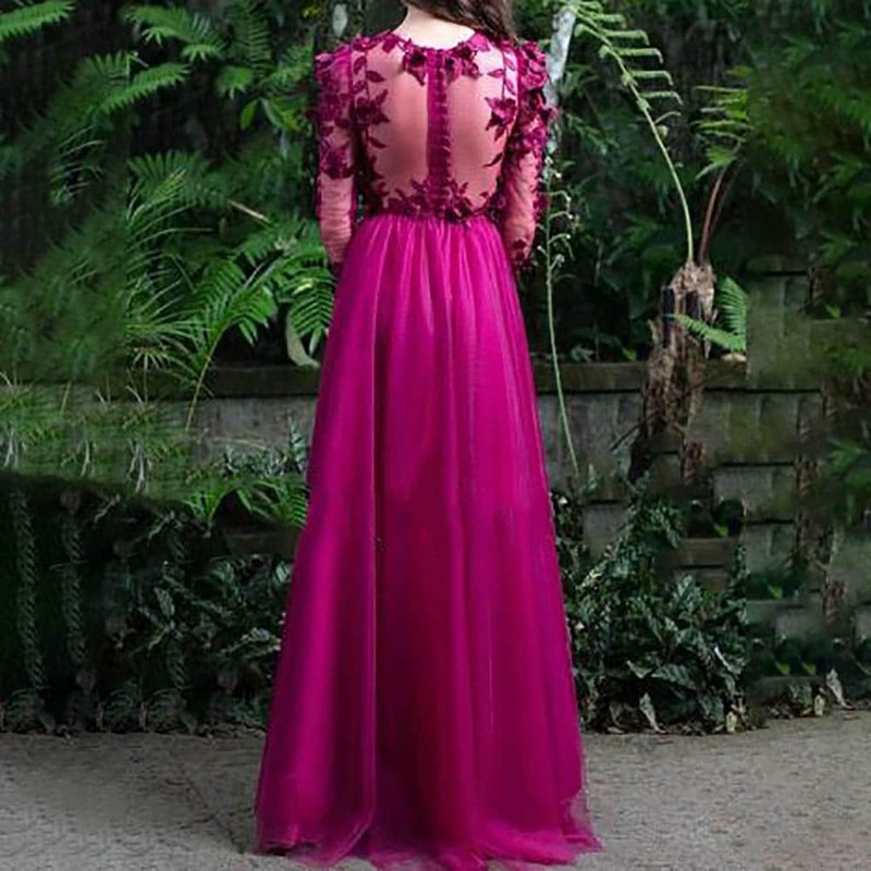 Tulle A Line Prom Dresses Evening Party Gowns Long Sleeves O Neck 3D Flowers Appliques Pleat Floor Length  فساتين السهرة