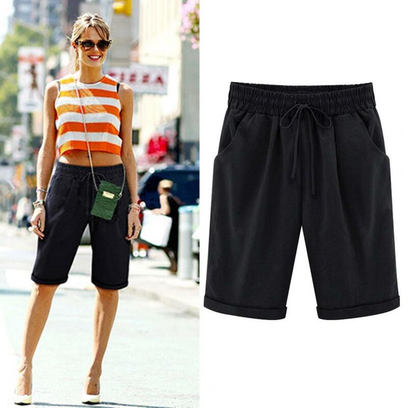 Pantalones cortos para mujer, Shorts hasta la rodilla con cordón, cintura elástica, pierna ancha, diseño lateral, Verano