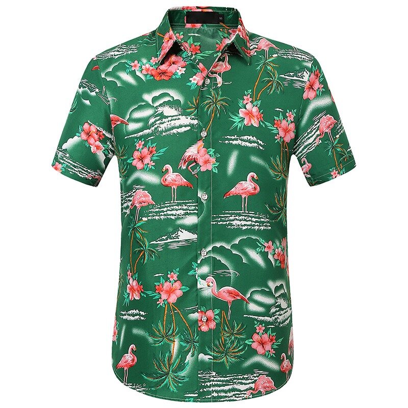 Мужская классическая летняя рубашка с коротким рукавом и рисунком фламинго, гавайская пляжная Мужская рубашка, повседневная мужская рубашка высокого качества, 2024