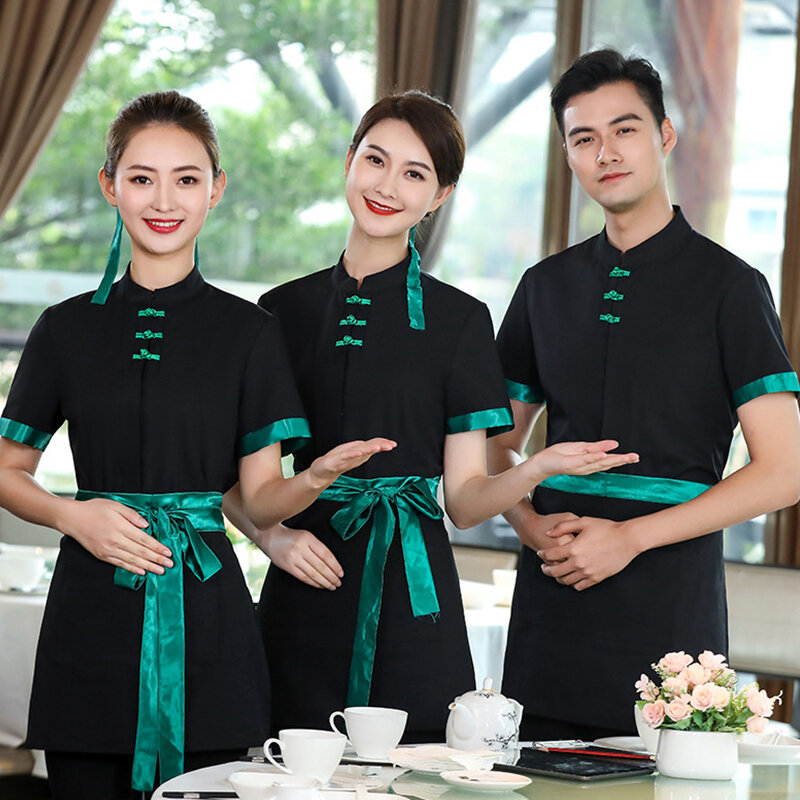 Avental uniforme do hotel 2pce terno restaurante garçom macacões serviço de catering casa de chá café estilo chinês roupas trabalho avental